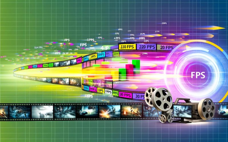 Collage zur Entwicklung von Frame Rates: Filmrolle mit 24 FPS, Flachbild-TV mit 30 FPS und moderner Gaming-Monitor mit 60, 120 und 240 FPS, untermalt von Spielszenen, Streaming und VR.