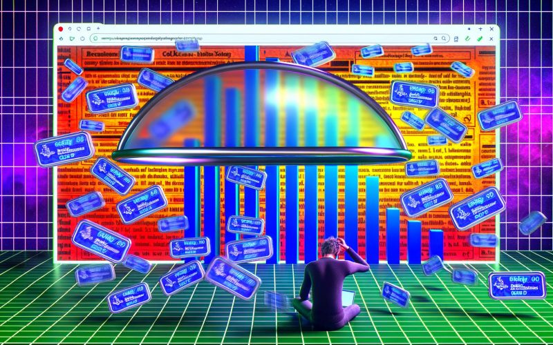 Stilisierte digitale Illustration eines Webbrowsers mit wiederholten Online-Anzeigen, überdeckt von einem transparenten Deckel. Im Hintergrund sitzt ein genervter Nutzer vor dem Computer, mit einem Balkendiagramm und Symbolen für Cookies und Geräte-IDs.