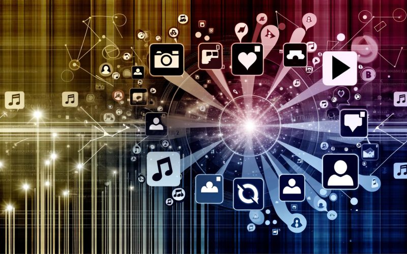 Moderne Collage von fünf Social-Media-Ikonen, verbunden durch digitale Energie, mit Nutzer-Silhouetten und analytischen Grafiken im Hintergrund.