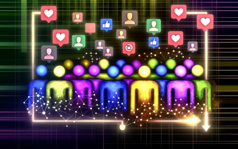 Stilisierte, vielfältige Avatare vor digitalem Hintergrund mit Social-Media-Icons, verbunden durch leuchtende Linien zur Darstellung von Gemeinschaft und Retention, einige Avatare am Rand verblassen als Symbol für Churn.