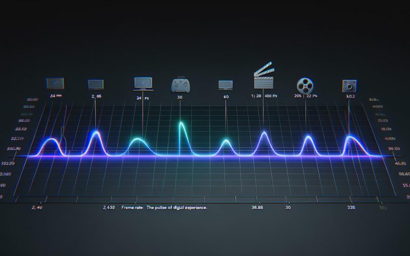 Minimalistische Visualisierung von Bildraten: Pulswellen für 24, 30, 60, 120 und 240 fps mit Symbolen für Film, Gaming und Web auf dunklem Hintergrund.