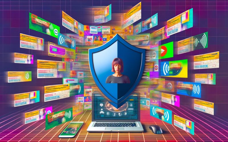 Stilisierte Collage eines genervten Nutzers vor Laptop, Smartphone und Tablet mit vielen Werbebannern, Pop-ups und einem Schutzschild gegen wiederholte Werbung.