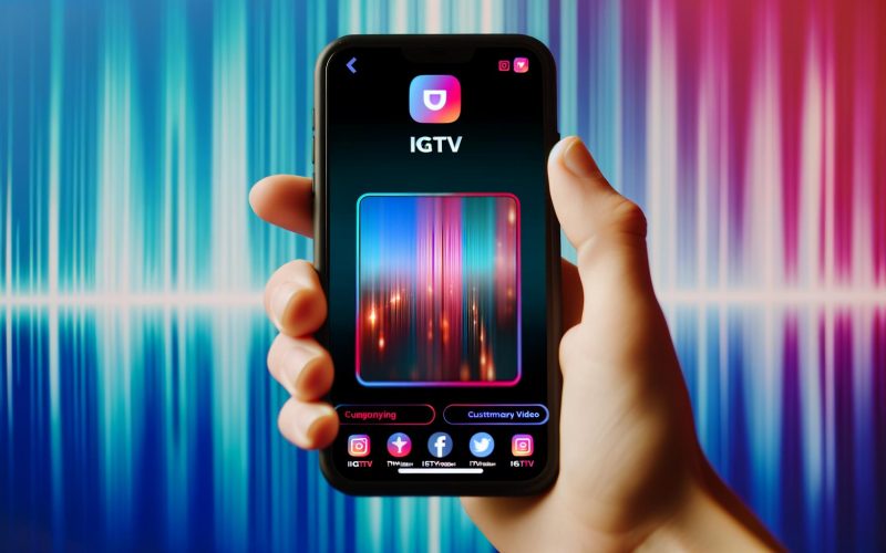 Hand hält ein Smartphone mit IGTV-Oberfläche von Instagram und buntem vertikalem Video-Feed, verschwommene Social-Media-Symbole und Farbverlauf im Hintergrund