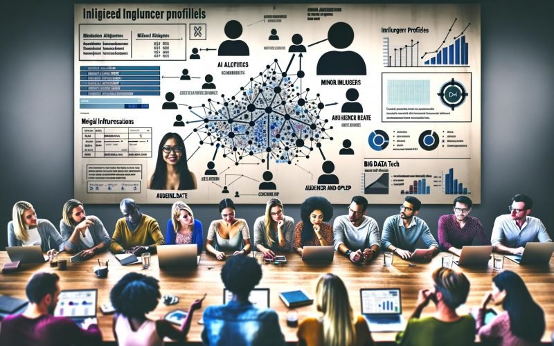 Digitale Arbeitsumgebung mit Marketers, die an Laptops und Tablets Influencer-Profile und Netzwerk-Analysen auf Bildschirmen analysieren; Datenpunkte, Analytics-Grafiken und Hinweise auf KI sowie Big Data im Hintergrund.