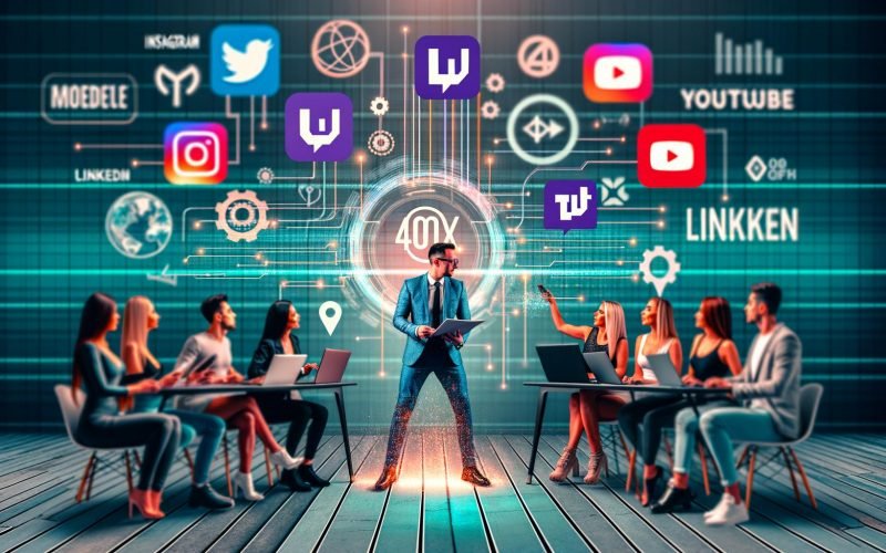 Mehrere Influencer mit Smartphones und Laptops, sichtbar durch Plattform-Logos von Instagram, YouTube, TikTok, LinkedIn und Twitch, kommunizieren in einer professionellen Szene. Ein Marketer im smart-casual Business-Outfit orchestriert den Austausch. Im Hintergrund digitale Grafiken zu Reichweite und Engagement.