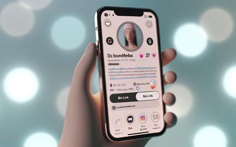 Minimalistisches Smartphone mit Instagram-Profil-Interface, Bio mit Emojis und Call-to-Action, strukturierte Kontaktbuttons, moderner Hintergrund.