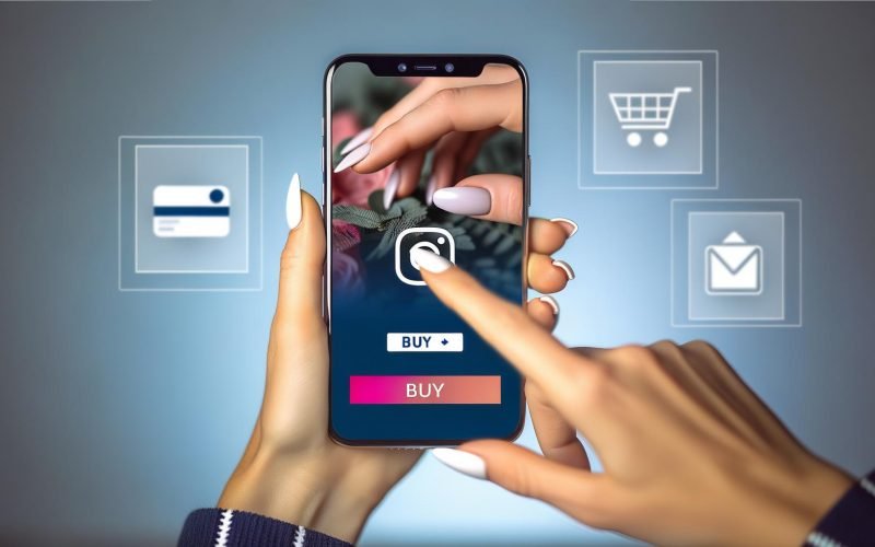 Nahaufnahme eines modernen Smartphones mit geöffnetem Instagram-Shoppable-Post, elegante Hände bedienen das Display, im Hintergrund unscharfe Icons von Zahlungsmethoden und Paketen.