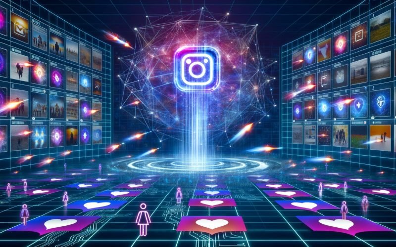 Futuristischer digitaler Kontrollraum mit schwebendem Explore-Symbol, Instagram-inspirierten Miniaturansichten, holografischen KI-Netzwerken und Silhouetten von Nutzern, die Beiträge teilen.
