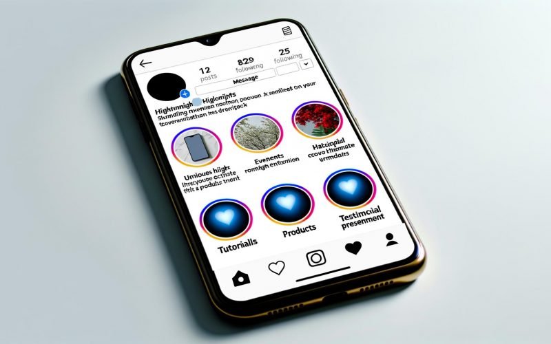 Stilvolles Instagram-Profil auf einem Smartphone mit sichtbaren, kreisförmigen Highlight-Icons in Markenfarben, einschließlich Vorschauen für Tutorials, Produkte, Testimonials und Events.