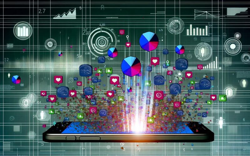 Abstrakte Illustration eines Smartphones mit Instagram-Analytics, umgeben von Zahlen, Diagrammen und KPIs vor digitalem Hintergrund