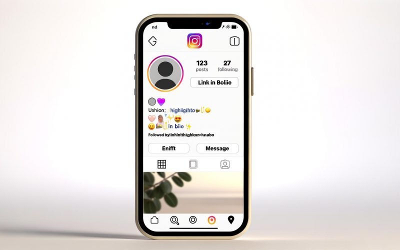 Instagram-App auf einem aufgeräumten Smartphone, modernes Profil mit Profilbild, kurzer Bio, Call-to-Action-Link und dezenten Icons im minimalistischen Look.