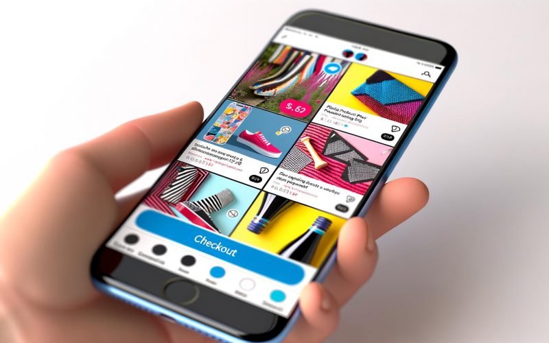 Instagram-App auf Smartphone zeigt bunten Produktfeed mit Preisschildern, Checkout-Button und nahtlosem Übergang zum Bezahlen.