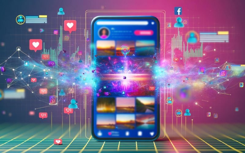 Futuristische Digital-Illustration eines großen Smartphone-Displays mit Instagram Explore-Seite, umgeben von Datenströmen, KI-Icons und verschwommenen Social-Media-Trends.