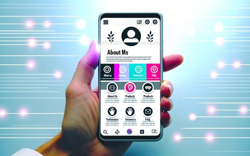 Vorderansicht eines Smartphones mit stylischem Instagram-Profil, einheitlichen Highlight-Icons und inklusiver Hand im hellen Hintergrund