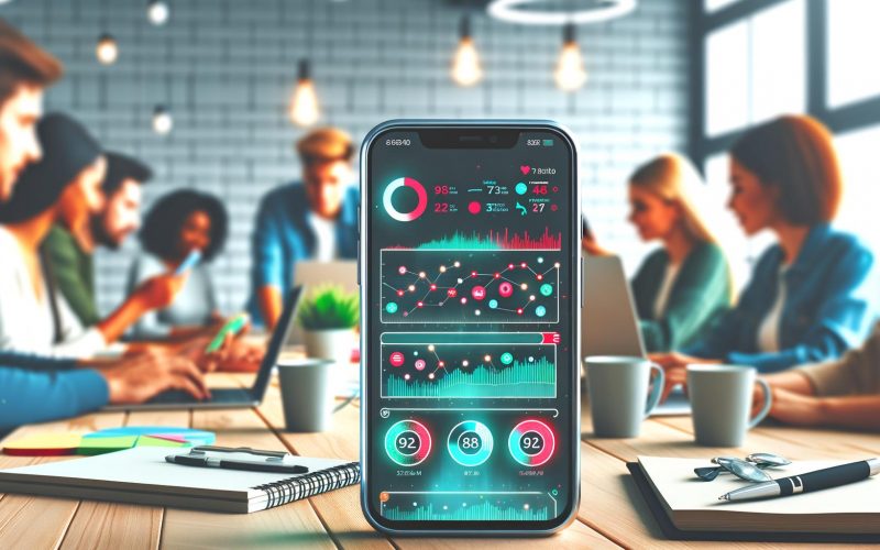 Smartphone mit Instagram Insights Oberfläche und bunten Statistikkarten, Social-Media-Strategen arbeiten fokussiert am Tisch