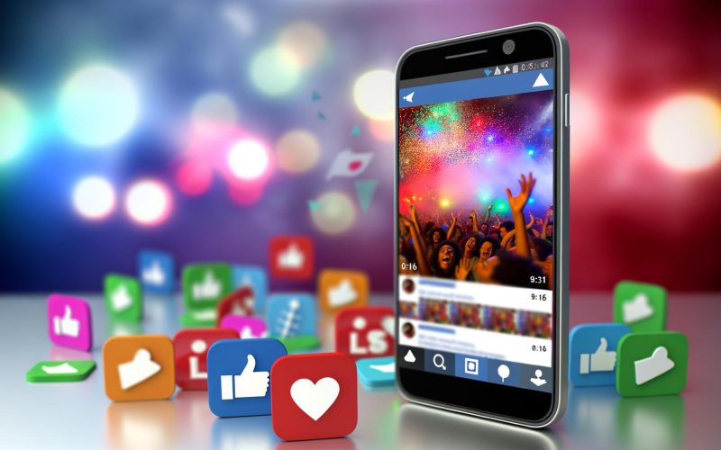 Smartphone mit offener Instagram-App zeigt dynamische Collage aus bunten Kurzvideos, daneben schweben Icons für Likes, Kommentare und Shares, im Hintergrund sind verschwommene Lichter und App-Symbole zu sehen.