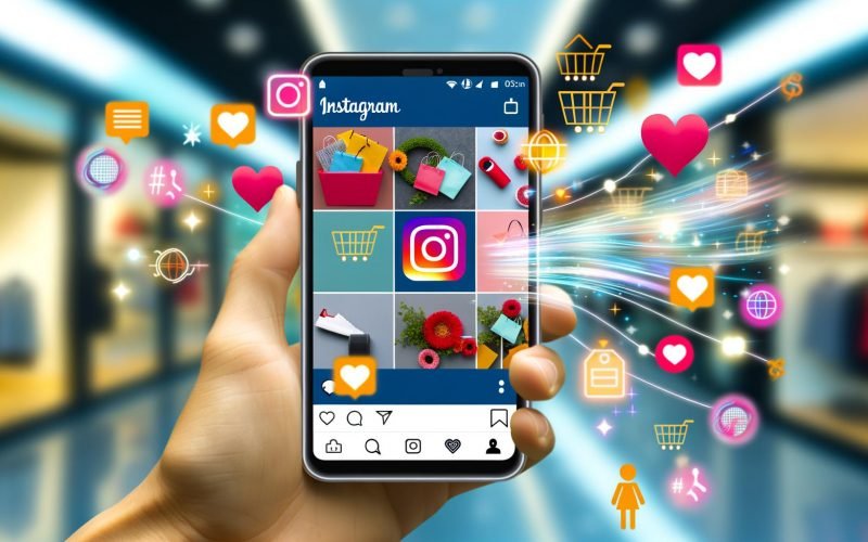 Bunte Illustration eines Smartphones mit geöffneter Instagram-App, Shop-Tab im Mittelpunkt, Produktkacheln, sichtbar getaggte Produkte und umgebende Social Shopping Icons.