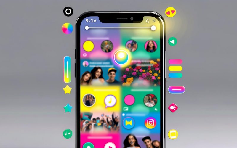 Smartphone-Display im Hochformat mit verschiedenen Instagram Stories, Instagram-Elementen, Emojis und interaktiven Stickern, im Hintergrund leicht verschwommene App-Icons.