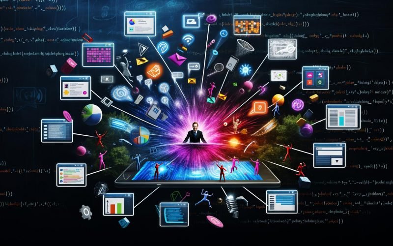 Interaktive Collage mit Touchscreen-Oberfläche, auf der Nutzer farbenfrohe Quiz, animierte Grafiken, Chatbot, Rechner und Videos bedienen, umrahmt von modernem Web-Code.
