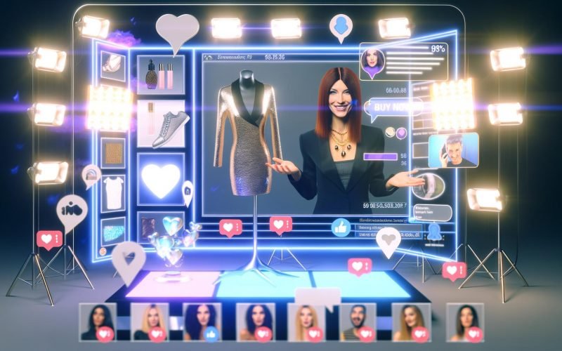 Livestream-Shopping-Event mit diversen Gastgebern, Live-Chat-Nachrichten, Produktinformationen, Herz-Emojis und Buy-Now-Buttons in einem modernen Studio.