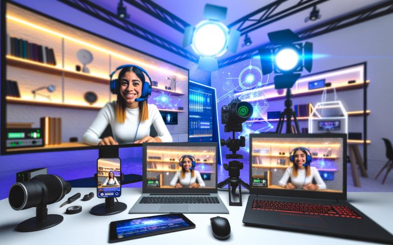 Junge Moderatorin in einem modernen Live-Streaming-Studio mit mehreren Bildschirmen, Kameras, Mikrofonen und LED-Lichtern. Sie nutzt verschiedene Geräte zur Interaktion mit dem Publikum.