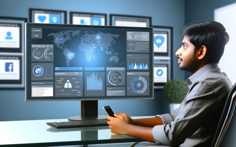 Person im Büro betrachtet ein technologisches Dashboard mit Echtzeit-Markendaten und Social Media Icons, 404 Magazine Corporate Design