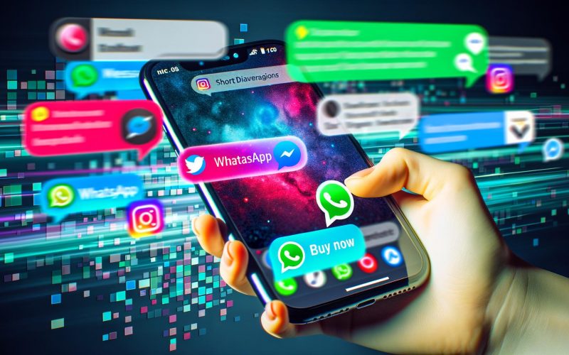 Smartphone in der Hand einer jungen Person mit mehreren Messenger-Apps und sichtbaren Werbeanzeigen im Chat-Format