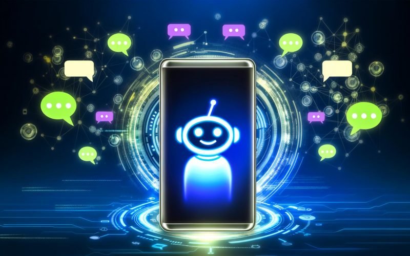 Digitaler Messenger Bot als Assistent mit Sprechblase auf Smartphone, umgeben von WhatsApp, Facebook Messenger und Telegram Logos vor Netzwerk-Hintergrund.