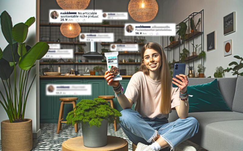 Junge Micro-Influencerin lächelt im gemütlichen Wohnzimmer, hält einen veganen Proteinriegel und ist umgeben von Pflanzen sowie moderner Dekoration. Social-Media-Overlays mit Likes und Kommentaren im Hintergrund.