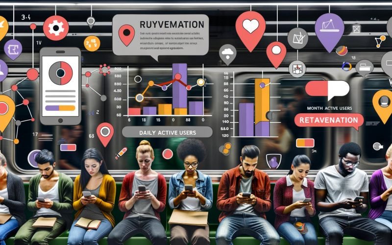 Menschen in U-Bahn, Café, Büro und Wohnzimmer schauen konzentriert auf Smartphones, illustrative Icons für Benachrichtigungen und Gamification sowie Analytics-Diagramme im Hintergrund.