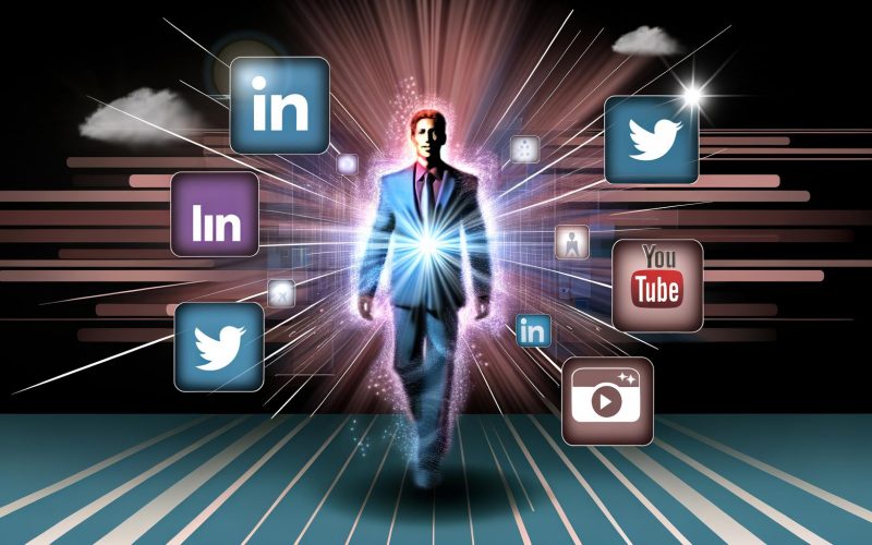 Moderne Darstellung einer selbstbewussten Person, zentral platziert und umgeben von Social Media Symbolen, Namensschild und Elementen für digitale Kompetenz und Storytelling auf dynamischem Hintergrund.