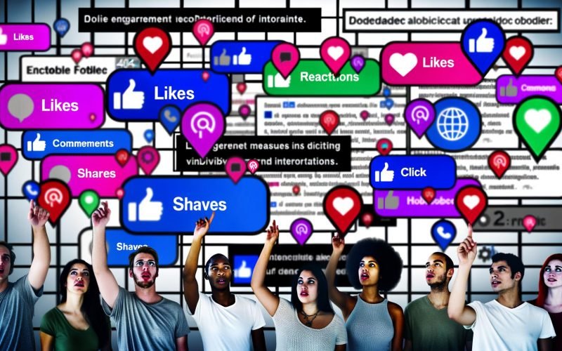 Moderner Social-Media-Feed mit verschiedenen Beiträgen, umgeben von bunten Interaktionssymbolen wie Likes, Kommentaren und Warnhinweisen. Nutzer unterschiedlicher Herkunft interagieren aktiv mit den Posts, Zahlensymbole und Algorithmen im Hintergrund.