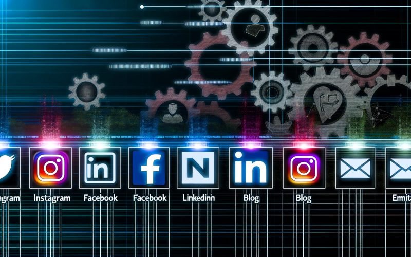 Illustration von digitalen Plattformen mit Icons für Instagram, Facebook, LinkedIn, Twitter (X), Blog und E-Mail-Newsletter, stilisierten Posts unterschiedlicher Frequenz sowie technischen Zahnrädern und Datenlinien im Hintergrund.