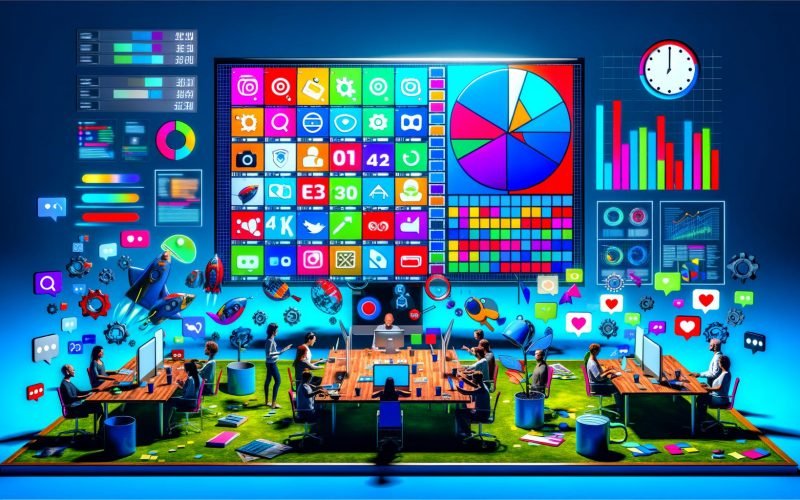 Digitaler Arbeitsplatz mit Content-Kalender, Social Media Plattformen, Analyse-Grafiken und internationalem Marketingteam beim Planen und Überwachen von Posts.