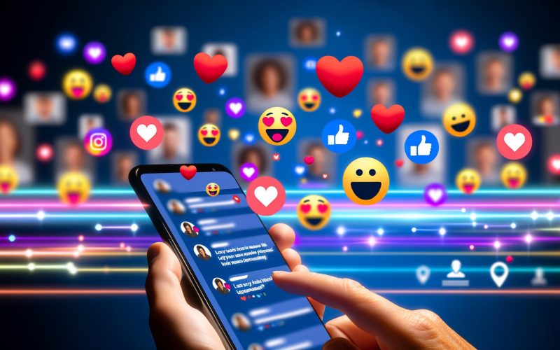 Modernes Social-Media-Interface auf einem Smartphone, im Mittelpunkt bunte schwebende Reaction-Emojis, im Hintergrund verschwommene Avatare und Kommentarzeilen, mit angedeuteten Datenströmen und Analyse-Symbolen.