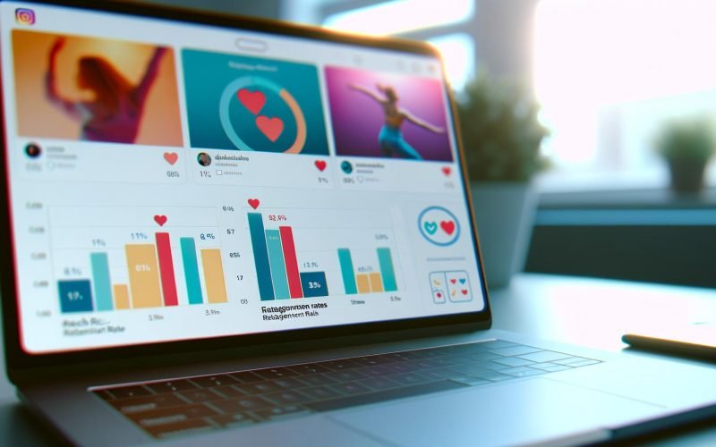 Instagram-Dashboard auf Laptop mit Analytics zu Reels, klaren Balkendiagrammen, Herz- und Kommentar-Icons sowie bunten Thumbnails im Hintergrund.