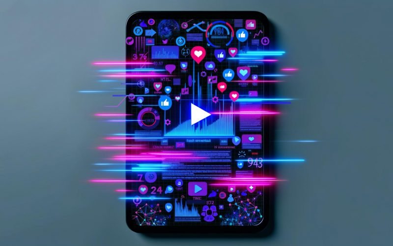 Smartphone zeigt animierte Reels-Elemente wie Play-Buttons, Statistiken und Kommentare, im Hintergrund leuchtende Symbole von Instagram, TikTok, YouTube und Facebook sowie wachstumsorientierte Linien in futuristischen Neonfarben.