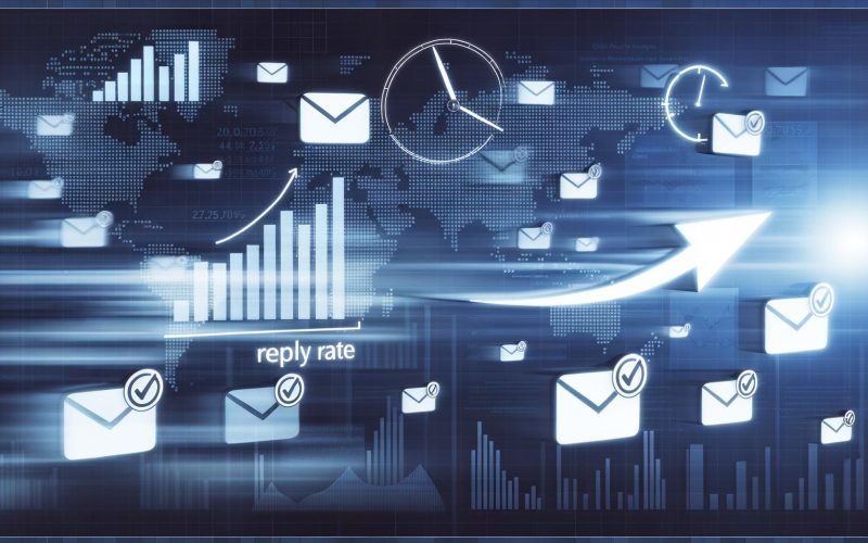 Interaktives Dashboard mit betonter Antwortquote, umgeben von Nachrichten- und E-Mail-Symbolen in Blau und Weiß, die die Dynamik digitaler Kommunikation im Online-Marketing darstellen.