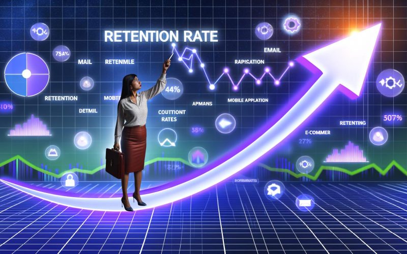 Stilisierte digitale Illustration eines Online-Marketers auf einem aufsteigenden, leuchtenden Graphpfeil, der ein Dashboard mit Retentionsraten und digitalen Symbolen für E-Mail, Apps und E-Commerce analysiert.