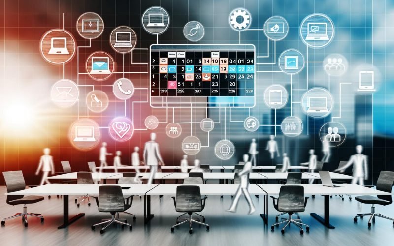 Abstraktes, modernes Großraumbüro mit digitalem Kalender-Display, vernetzten Geräten wie Laptops und Smartphones und visualisierten Workflow-Prozessen. Mitarbeiterinnen und Mitarbeiter arbeiten entspannt und produktiv zusammen.