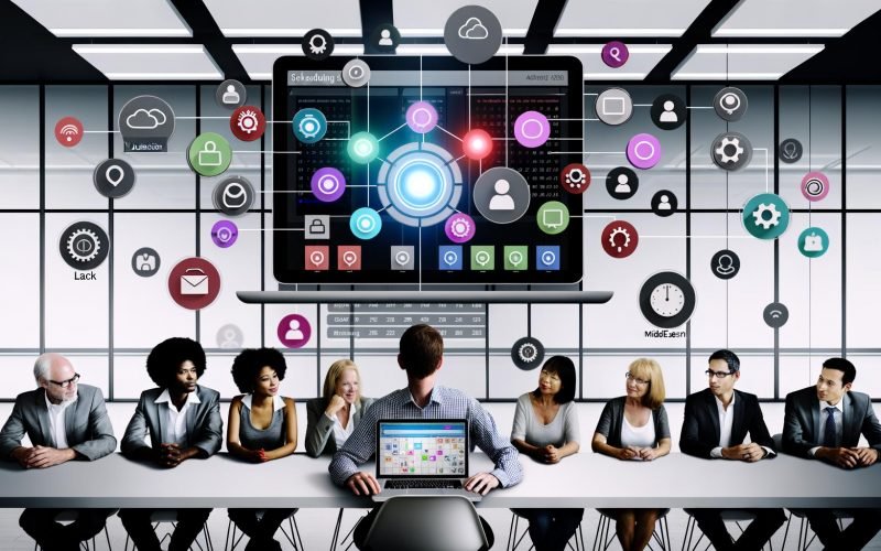 Modern eingerichtetes Büro mit offenem Laptop, darauf eine Kalender-App mit bunten Slots, Team-Avataren und Automatisierungssymbolen, umgeben von Menschen verschiedener Herkunft an einem Schreibtisch, digitale Zeitzonenanzeigen und Tech-Icons im Hintergrund.