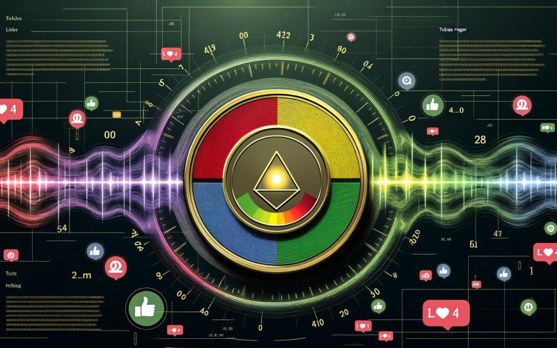 Abstraktes Titelbild mit rot-gelb-grünem Stimmungsbarometer auf digitaler Münze, umgeben von fließenden Social-Media-Icons, Emojis und Datensignalen vor dunklem Technik-Hintergrund mit Diagrammen.
