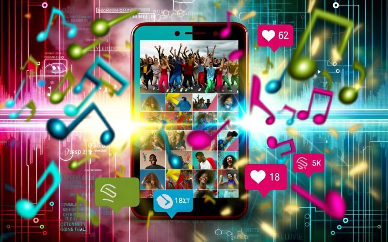 Moderne Collage im Hochformat mit Smartphone-Display, das TikTok, Instagram Reels, YouTube Shorts und Snapchat Spotlight sowie bunte Mini-Clips, Musiknoten und Social Icons zeigt. Im Hintergrund sind Algorithmen und Vernetzung angedeutet.
