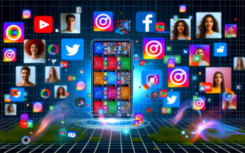 Digitale Collage eines Smartphones mit mehreren Social-Media-Plattformen und vielfältigen Werbeanzeigen im Interface sowie abstrahierten Zielgruppen und Datenvisualisierungen im modernen, farbkontrastreichen Stil.