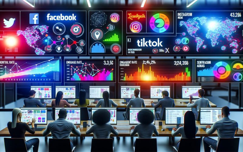 Büro mit Analysten vor großen Bildschirmen, die Social Media Dashboards mit KPIs, Diagrammen und Daten zu verschiedenen Plattformen anzeigen.