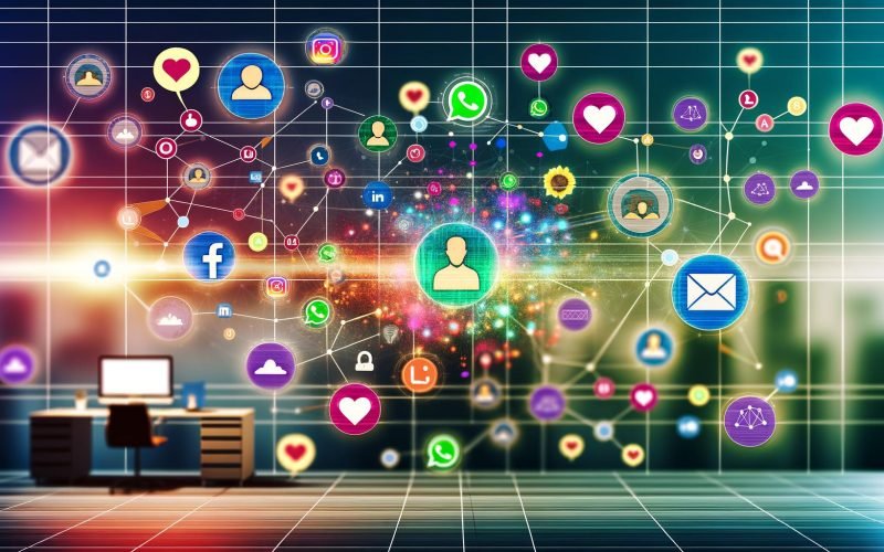 Futuristische Illustration eines modernen Büros mit vernetzten Social-Media-Kanälen, Dashboard, digitalen Avataren und CRM-System mit Echtzeit-Interaktionen