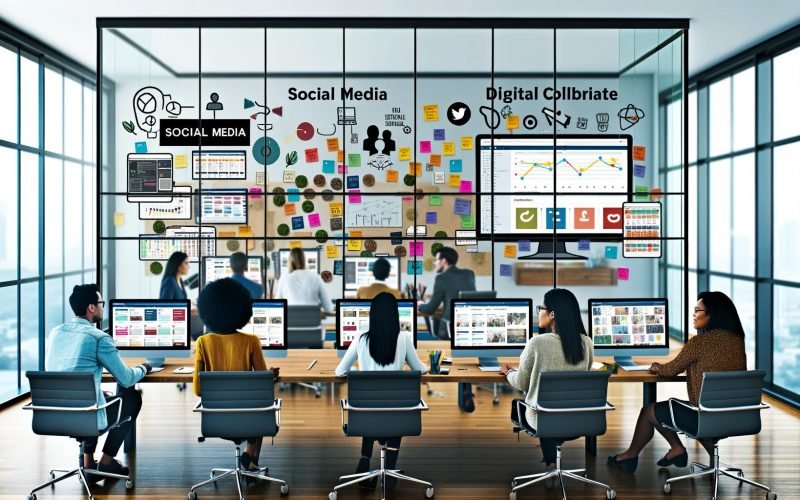 Aufgeräumtes Büro mit mehreren Bildschirmen voller Social-Media-Analysen, Content-Boards und Redaktionskalendern, diverse Teammitglieder arbeiten mit digitalen Tools wie Canva, Hootsuite und Trello, im Hintergrund Post-its und Diagramme auf einer Glaswand.