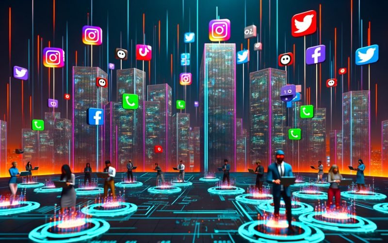 Futuristische Stadt bei Nacht mit riesigen Social-Media-Logos in Gebäuden, Marketer mit Laptops und Tablets planen digitale Kampagnen auf holografischen Dashboards umgeben von leuchtenden KPIs und Datenströmen.
