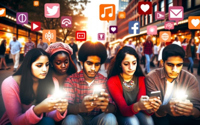Junge, diverse Menschen der Generation Z und Millennials auf einem städtischen Platz, mit Smartphones, die Social Media Feeds zeigen und digitale Overlays von App-Icons im Hintergrund.