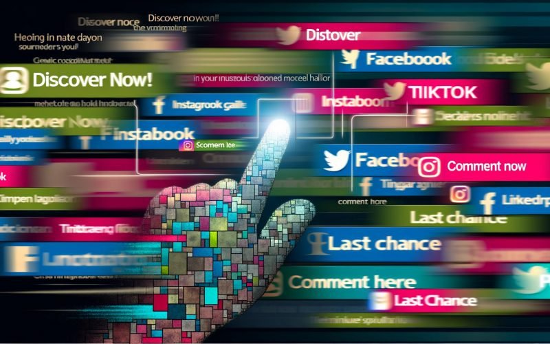 Futuristische Collage mit verschiedenen Social-Media-Feeds, auffälligen Botschaften und einem abstrahierten Cursor im Vordergrund